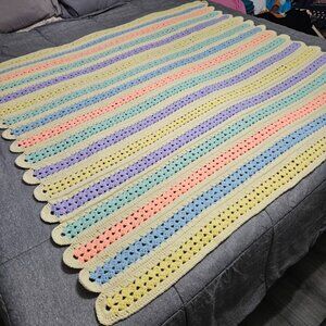 Handmade Crochet Blanket 63x56 Multicolor Throw Scallop Hem Striped Cottagecore